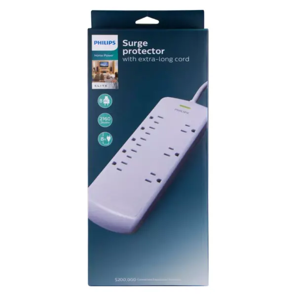 Philips 8-Outlet Surge Protector with 8ft Extension Cord, White