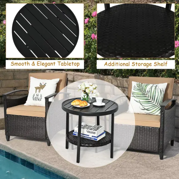 Costway 3PCS Patio Rattan Furniture Set Cushioned Sofa Storage Table W/ Shelf Garden