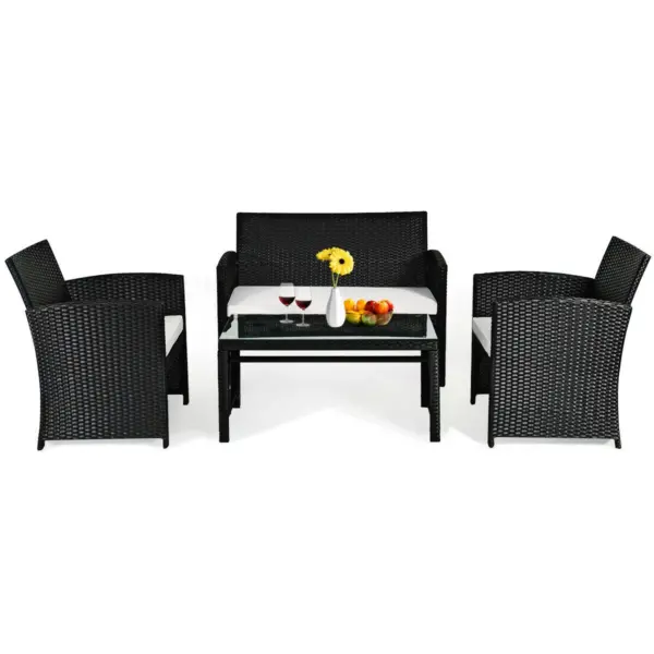 Costway 4PCS Patio Rattan Furniture Conversation Set Cushioned Sofa Coffee Table Black