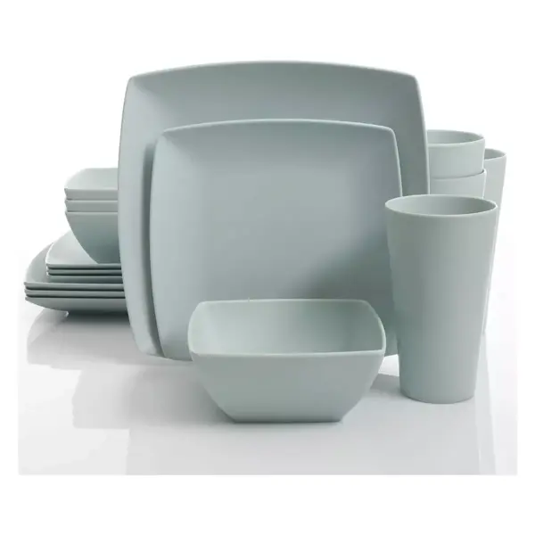 Gibson 99898.16R Home Soho Grayson Square Melamine Everyday 16 Piece Reactive Glaze Dinnerware Set Plates, Bowls, and Cups, Dishwasher Safe, Mint