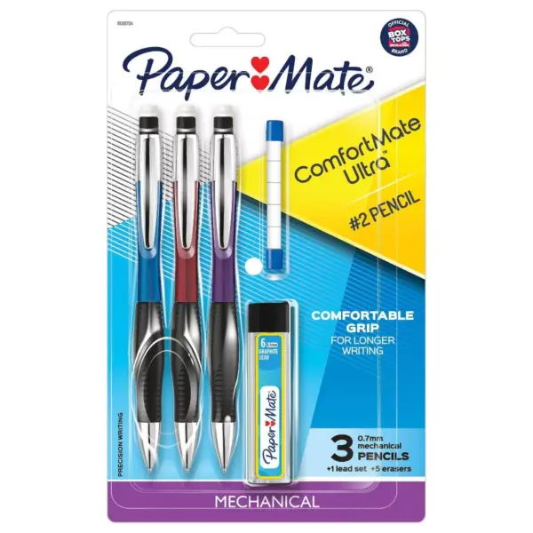 3pk #2 Mechanical Pencils with Lead/Eraser Refill Comfortmate Ultra .7mm Multicolor - PaperMate