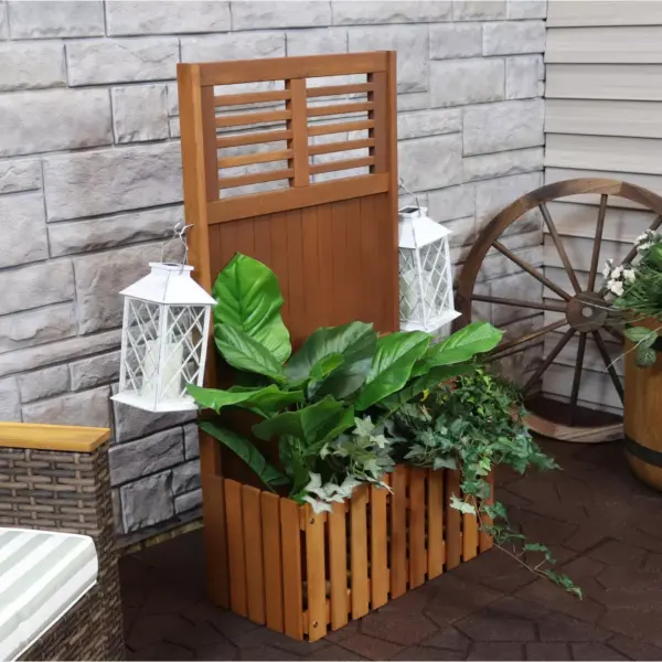 Sunnydaze Outdoor Garden Meranti Wood with Teak Oil Finish Planter Box with Privacy Screen and 2 Hooks for Hanging Basket Planters - 44" H - Brown