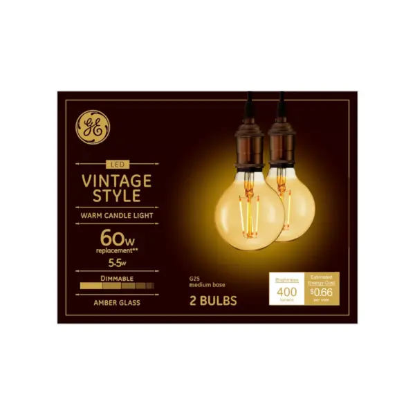 General Electric 2pk 60W VintaG25 Globe Filament Amber LED Light Bulb White