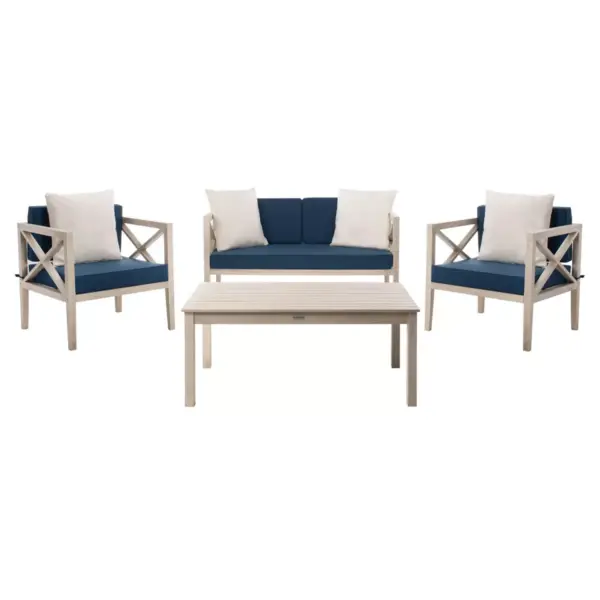 Nunzio 4pc Outdoor Set With Accent Pillows - White/Navy - Safavieh