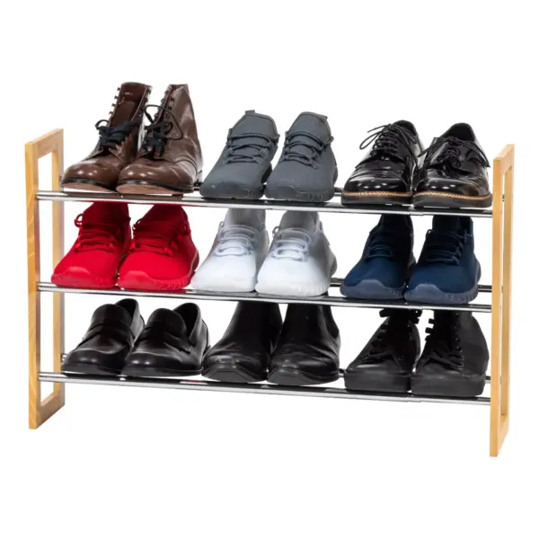 IRIS 3 Tier Extendable Pine Wood and Metal Shoe Rack Brown