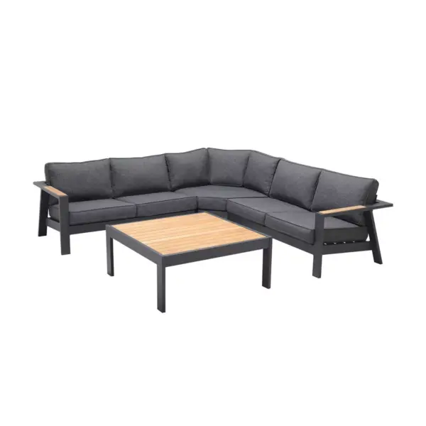 4pc Palau Outdoor Sectional Set with Cushions in Dark Gray and Natural Teak Wood Accent - Armen Living