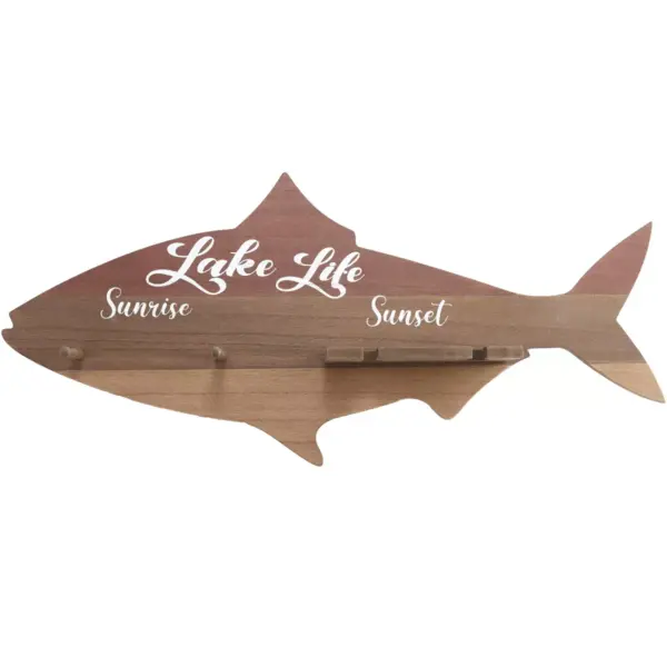 Lakeside Lake Life Fish-Shaped Wall Mounted Rack with Hooks and Mug Hangers