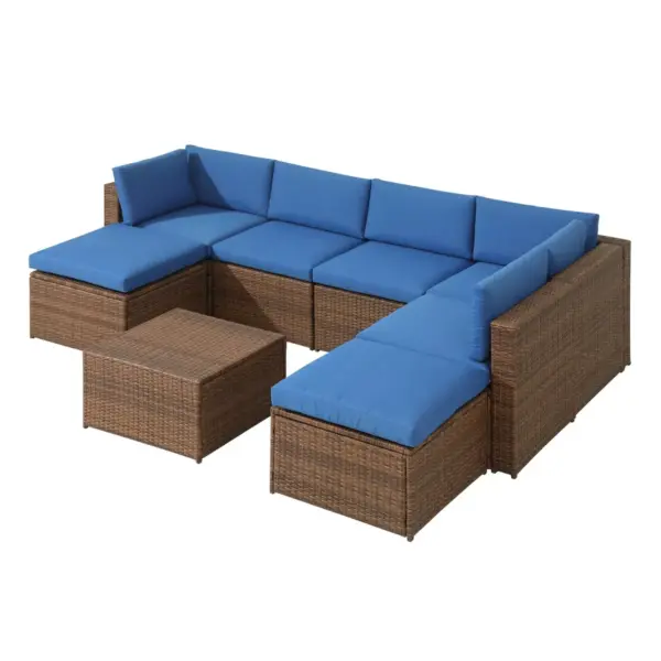 8pc Wicker Rattan Patio Sofa Set with Blue Cushions - Accent Furniture