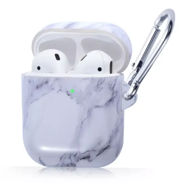 Insten Marble Protective Airpods Case Smooth Cover with Portable Keychain Compatible with Apple Airpods 2nd & 1st Generation, White