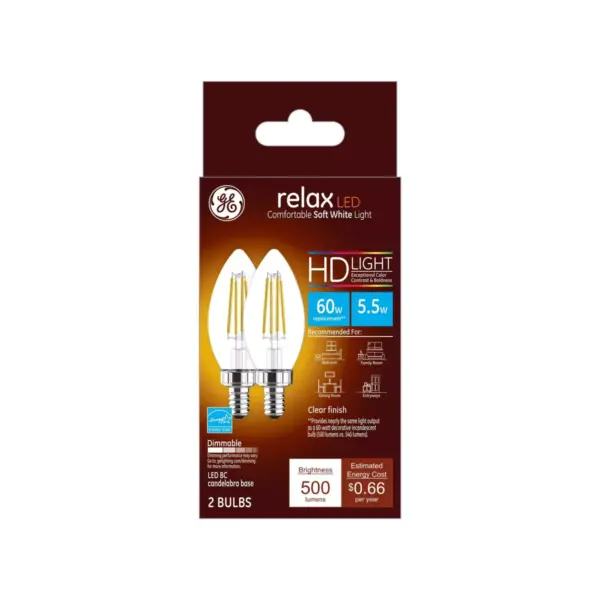 General Electric 2pk 60W Relax White hd equivalent deco bc blunt tip candelabra base LED Light Bulb