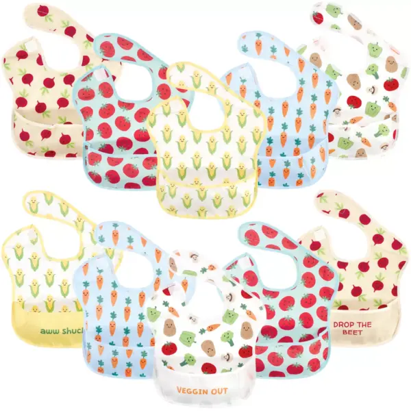 Hudson Baby Infant Waterproof Polyester Bibs 10pk, Veggies, Beginner