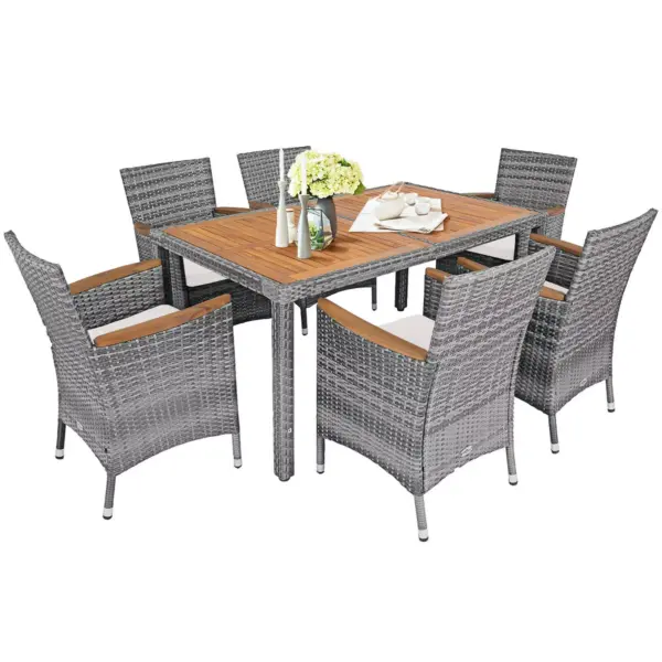 Costway 7PCS Patio Rattan Dining Set Acacia Wood Table Cushioned Chair Mix Gray