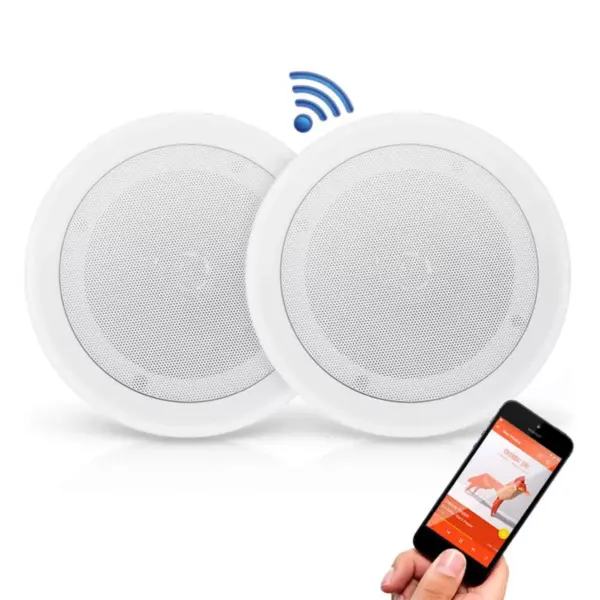 Pyle PDICBT852RD 8 Inch 250 Watt Bluetooth In Ceiling Wall 2 Way Flush Mount Home Indoor Stereo Speakers System Pair, White