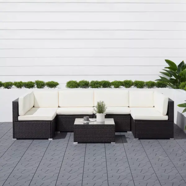 Venice 6pc Classic Outdoor Wicker Sectional Sofa with Seat and Back Cushion - Black - Vifah