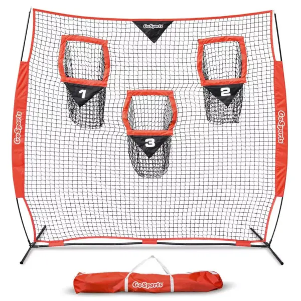 GoSports 8 X 8 Foot Foldable Reinforced Steel Bow Frame 3 Pocket Quarterback Accuracy Football Training Net with Portable Carrying Bag