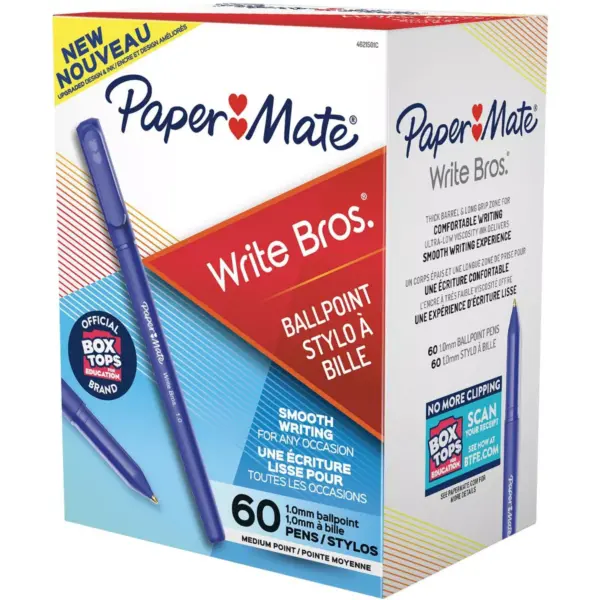 Paper Mate Write Bros. Ballpoint Stick Pen, 1.0 mm Medium Tip, Blue Ink/Barrel, pk of 60