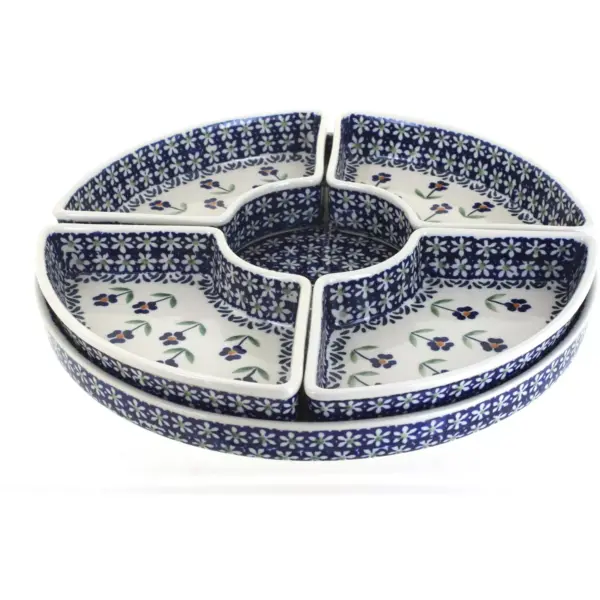 Blue Rose Polish Pottery Blue Daisy Tray with 4 Plates