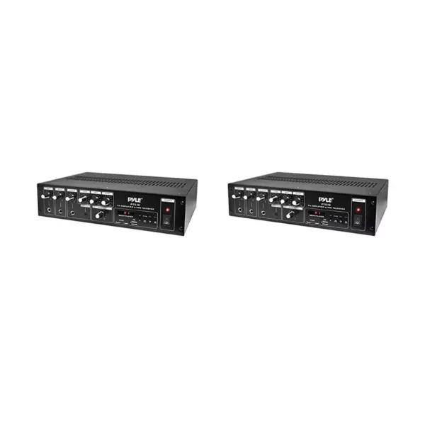 Pyle PT510 240 Watt 5 Channel Public Address Power Amplifier Receiver with Mic Talkover, MP3 Player, Built In FM Radio, & LED Display, Black (2 Pack)