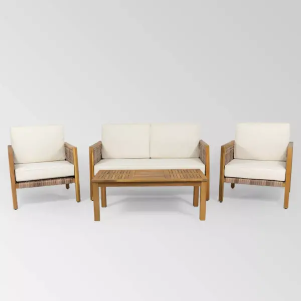 Joliet 4pc Acacia Wood Chat Set - Teak/Brown/Beige - Christopher Knight Home