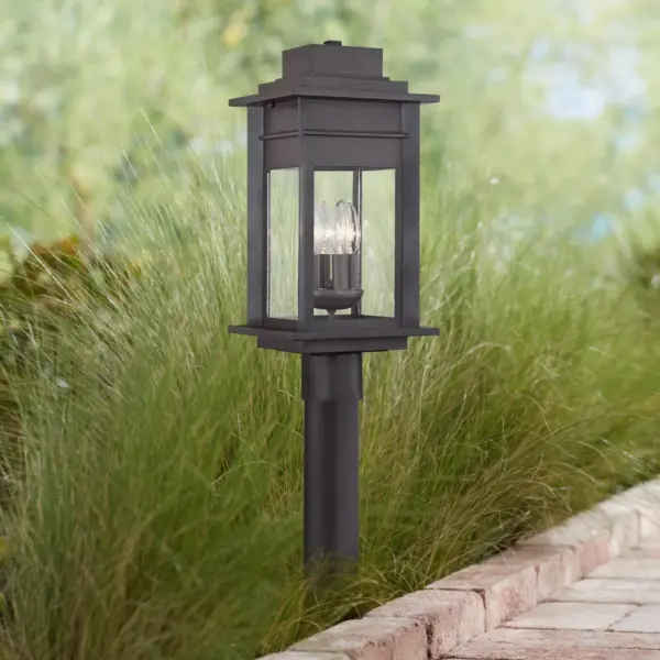 Franklin Iron Works Rustic Outdoor Post Light Fixture LED Black Specked Gray 31 1/2" Clear Glass for Exterior Garden Yard Driveway