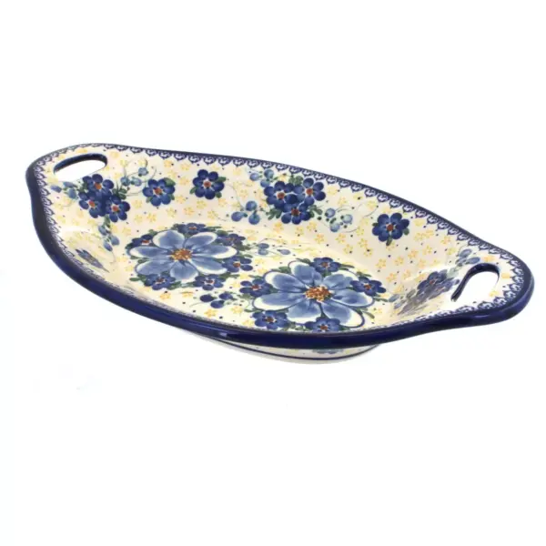 Blue Rose Polish Pottery Daisy Surprise Bread Tray with Handles