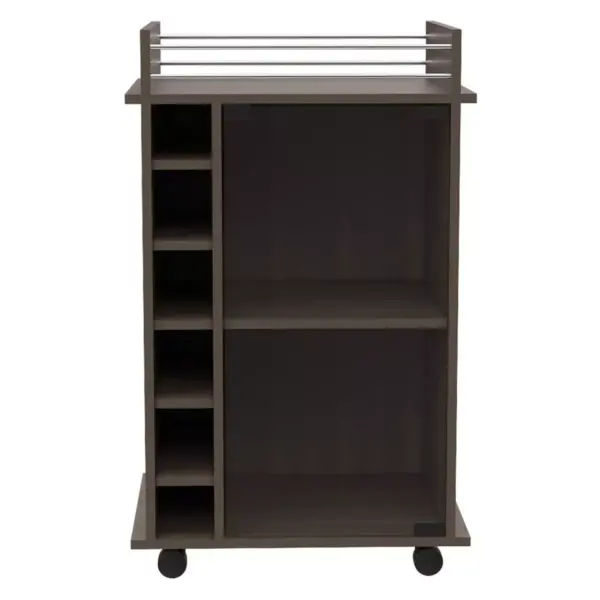 TUHOME Dukat Bar Storage Display Cabinet Cart with Wheels for Wine and Liquor with Glass Door, 2 Shelves, and 6 Cubbies, Smoky Oak