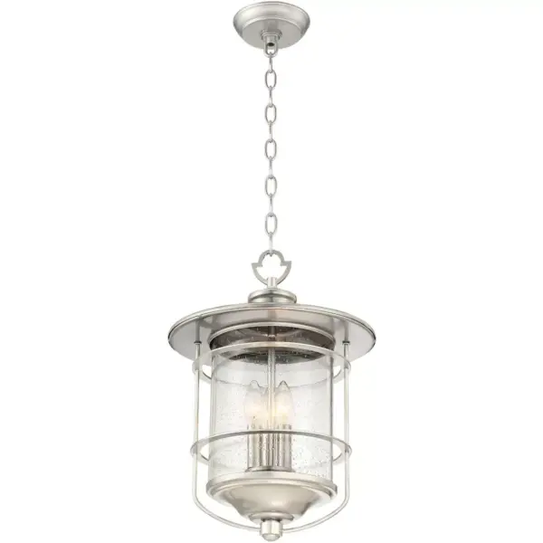 Franklin Iron Works Industrial Outdoor Light Hanging Lantern Brushed Nickel Damp Rated 19" Clear Seedy Glass for Porch Patio