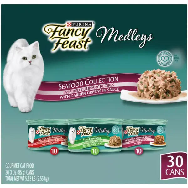 Fancy Feast Medleys Seafood Collection with Garden Greens in Sauce Gourmet Wet Cat Food - 3oz/30ct Variety Pack