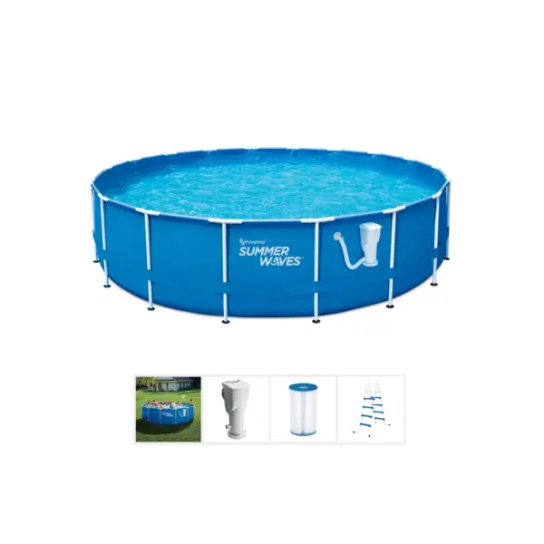 Summer Waves Active 14 Foot x 36 Inch Metal Frame Outdoor Backyard Above Ground Swimming Pool Set with Filter Pump, Ladder, and Repair Patch