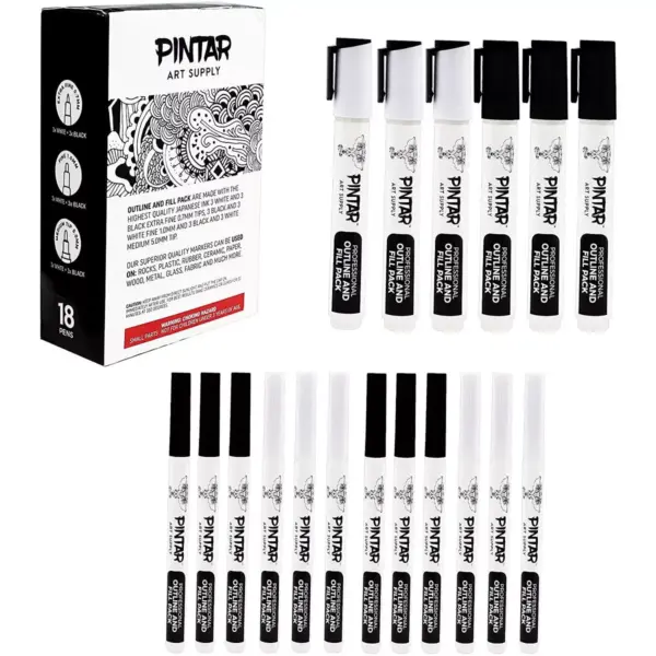 Pintar Art Supply Professional Outline & Fill Pack - Set of 18 Black/White Paint Markers