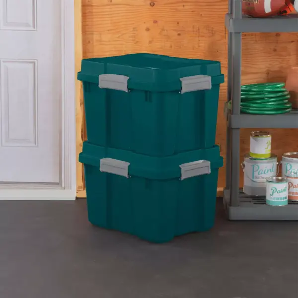 Sterilite 20 Gallon Heavy Duty Plastic Gasket Tote Stackable Storage Container Box with Lid & Latches for Home Organization, Teal Rain/Gray (4 Pack)