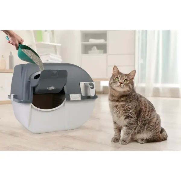 Omega Paw EZ-RA15-1 Plastic Self Cleaning Elite Roll N Clean Self Separating Enclosed Covered Litter Box for Cats and Kittens, Gray Easy Fill