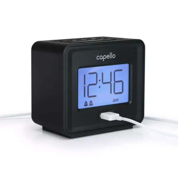 Compact Digital Alarm Clock with USB Charger Black - Capello