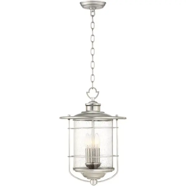 Franklin Iron Works Industrial Outdoor Light Hanging Lantern Brushed Nickel Damp Rated 19" Clear Seedy Glass for Porch Patio