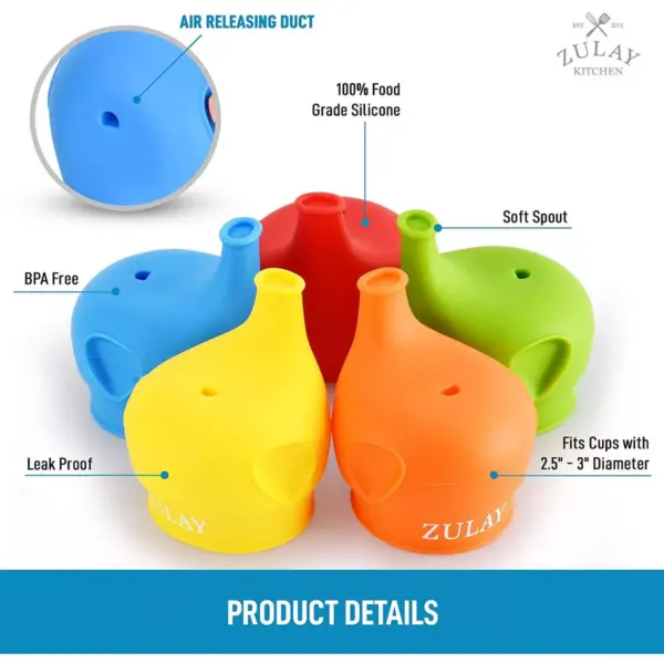 Zulay Silicone Sippy Cup Lids (5 Pack) - BPA Free & Food Grade Spill-Proof Silicone Sippy Cup Covers With Soft Spout - Stretchable Silicone Cup Lids For Toddlers, Infants, Babies