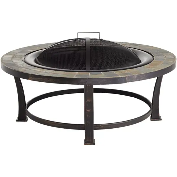 John Timberland Black Slate Fire Pit Round 40" Table Steel Wood Burning with Spark Screen and Fire Poker for Outside Backyard Patio Camping