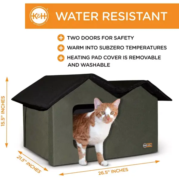 K&H Pet Products 3973 Extra Wide Outdoor Water Resistant Heated Kitty House with 2 Door Flaps Safe Escape For Feral and Outdoor Cats, Olive