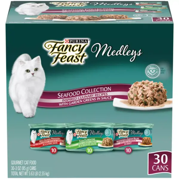 Fancy Feast Medleys Seafood Collection with Garden Greens in Sauce Gourmet Wet Cat Food - 3oz/30ct Variety Pack