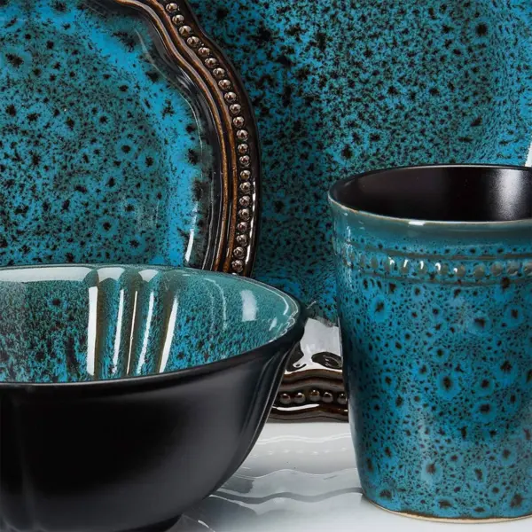 16pc Stoneware Lagoon Dinnerware Set Blue - Elama