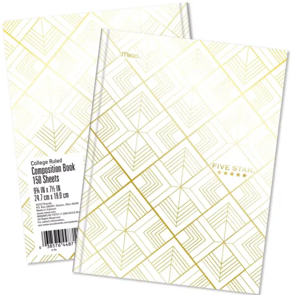 Five Star 150 sheet College Ruled Composition Notebook Metallic Geo Hardcover White Diamonds