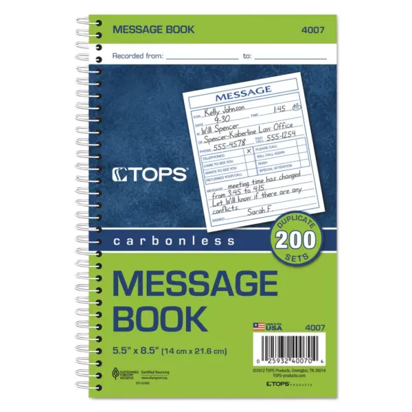 TOPS Spiralbound Message Book 4 1/4 x 5 Carbonless Duplicate 200 Sets/Book 4007