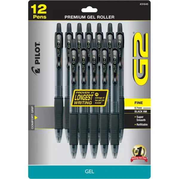 Pilot Retractable Gel Pens With Rubber Grip, 0.7mm, 12ct - Black