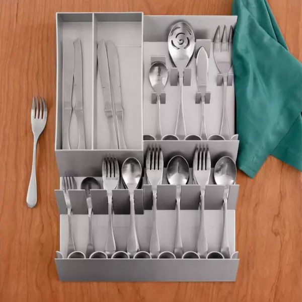 Knork ABS Plastic Kitchen Flatware Silverware Drawer Flexible Storage Tray Organizer Solution with Serving Set Space, Silver