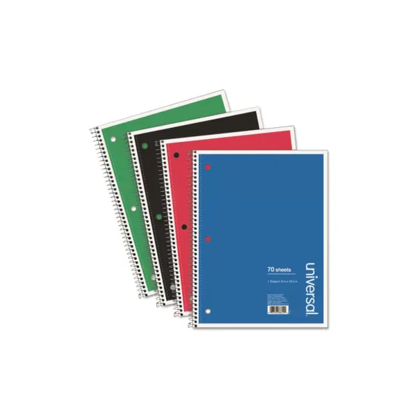 Universal 1 Sub. Wirebound Notebook 10 1/2 x 8 Wide Rule 70 Sht Assorted Covers 4/PK 66624