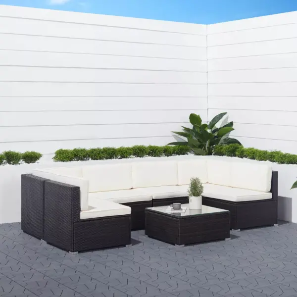 Venice 6pc Classic Outdoor Wicker Sectional Sofa with Seat and Back Cushion - Black - Vifah