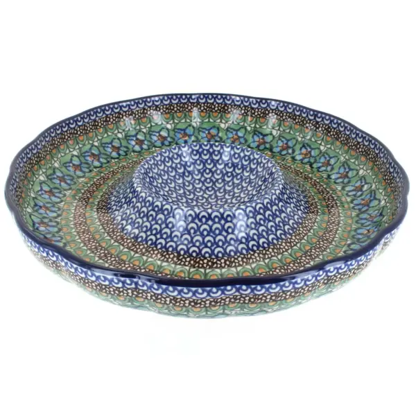 Blue Rose Polish Pottery Mardi Gras Chip & Dip Bowl