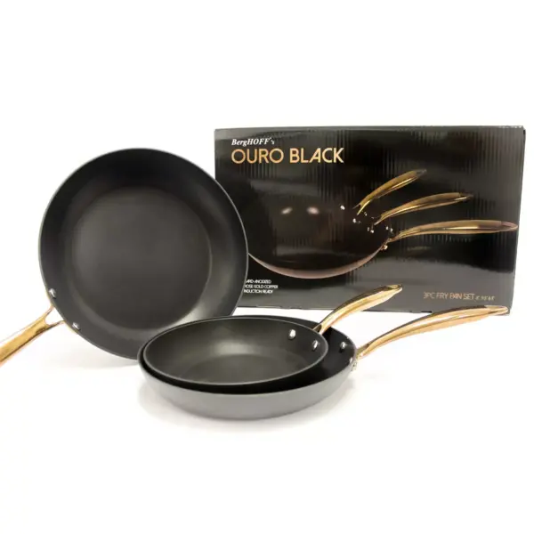 BergHOFF Ouro Black Hard Anodized 3Pc Fry Pan Set, Rose Gold Handles