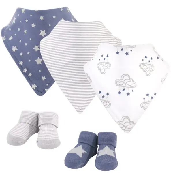 Hudson Baby Infant Boy Cotton Bib and Sock Set 5pk, Cloud Mobile Blue, One Size