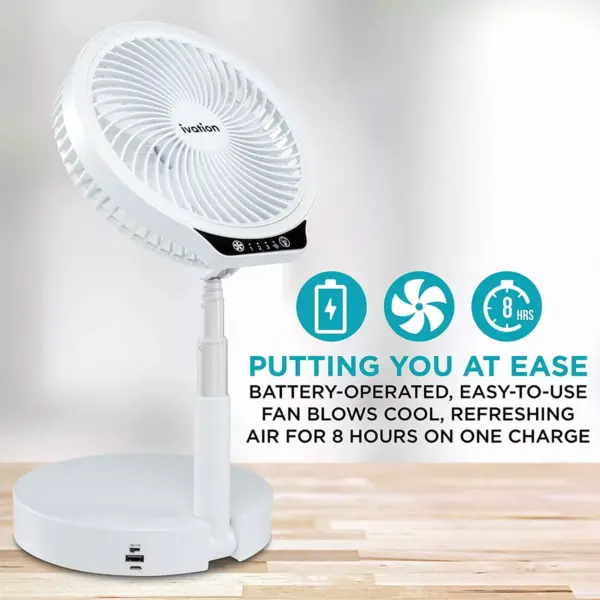 Ivation Rechargeable Personal Fan with LED Light | Compact Convertible Desk, Table & Pedestal Floor Fan with 39.5” Adjustable Height, LED Lamp, 3-Speed Touch Control & USB Phone Charging Port | White