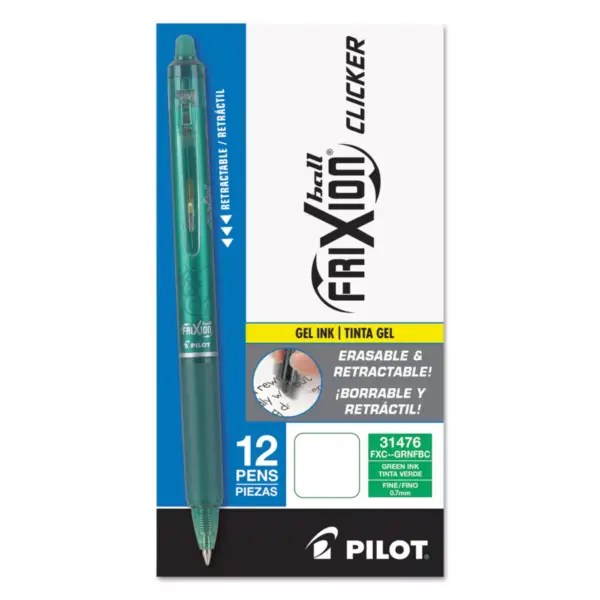 Pilot FriXion Clicker Erasable Gel Ink Retractable Pen Green Ink .7mm Dozen 31476